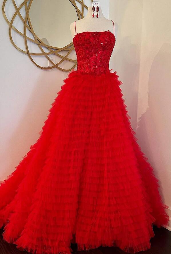 Straps Ball Gown Long Prom Dress with Lace Corset Bodice and Ruffle Skirt