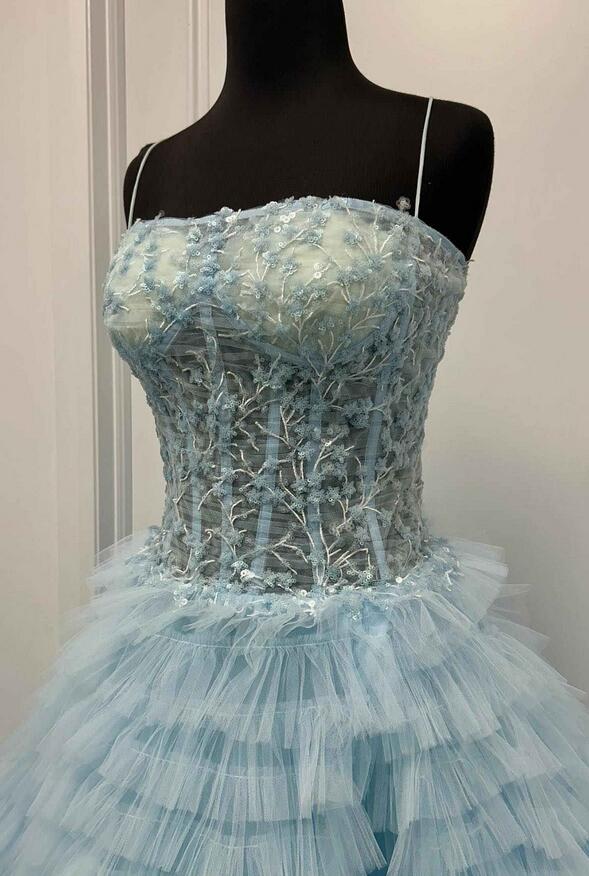 Straps Ball Gown Long Prom Dress with Lace Corset Bodice and Ruffle Skirt