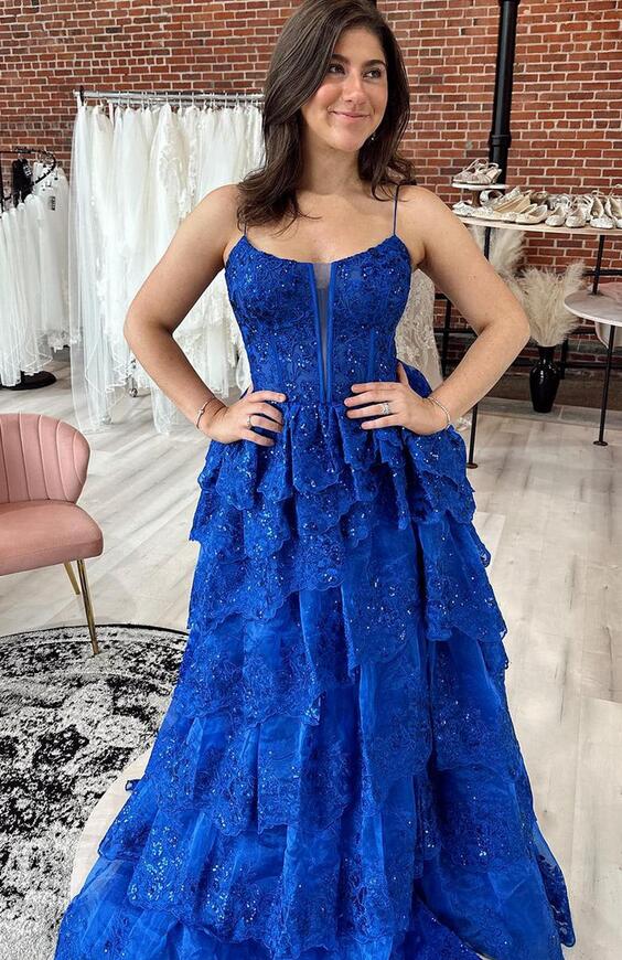 Straps Sequins Tulle/Lace Long Prom Dress with Ruffle Skirt