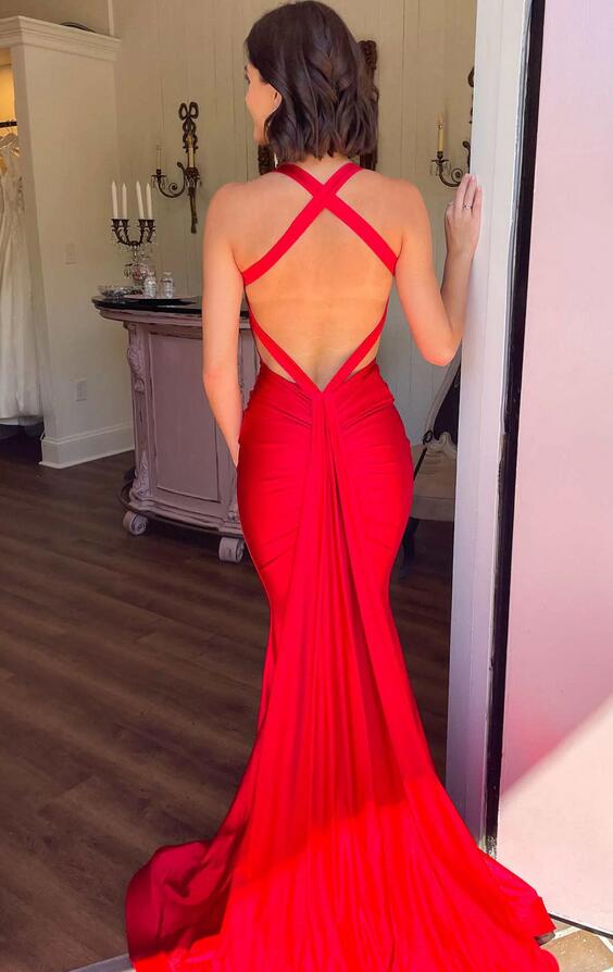 Red Mermaid Fitted Long Prom Dress with Open Back