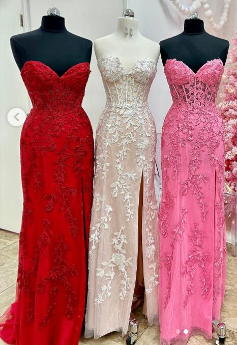 Strapless Leaf Lace Fitted Long Prom Dress with Sherr Corset Bodice