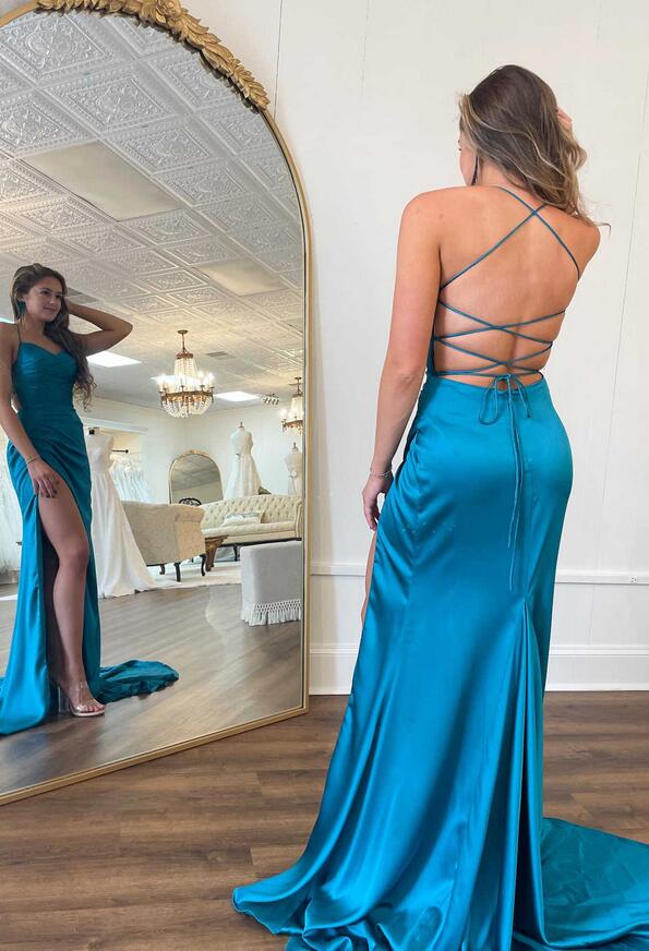 Straps Ruched Long Prom Dress with Slit