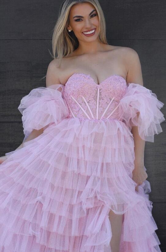 Strapless Long Prom Dress with Lace Corset Bodice and Ruffle Skirt
