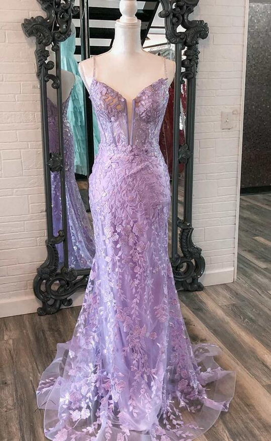 Straps Mermaid Sequins Lace Long Prom Dress
