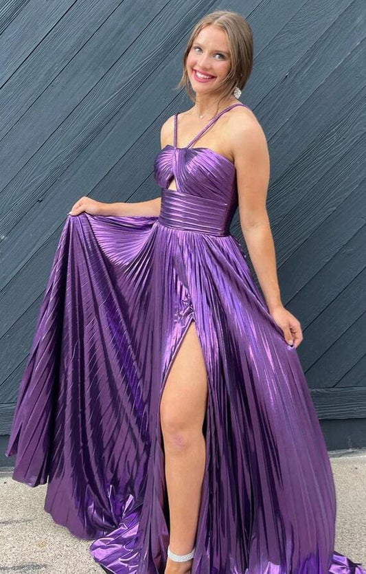 Spaghetti Straps Metallic Keyhole Long Prom Dress with Slit