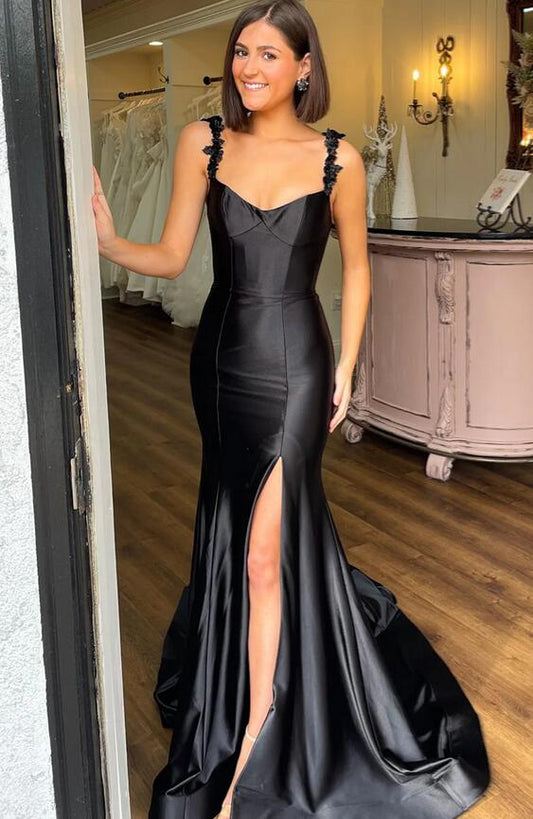 Floral Straps Mermaid Black Long Prom Dress with Slit