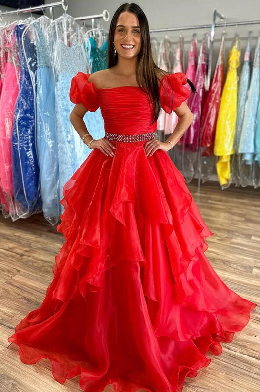 Strapless Long Prom Dress with Balloon Sleeves and Ruffle Skirt