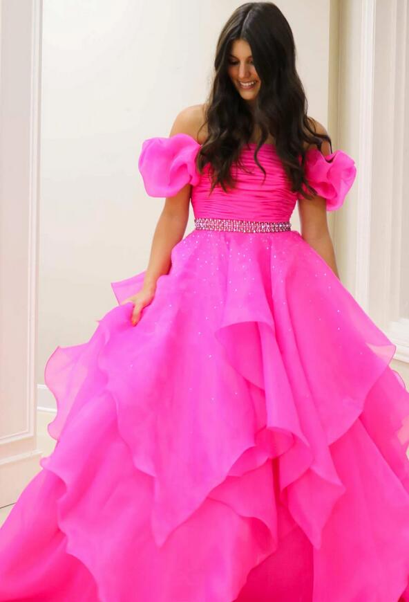 Strapless Long Prom Dress with Balloon Sleeves and Ruffle Skirt