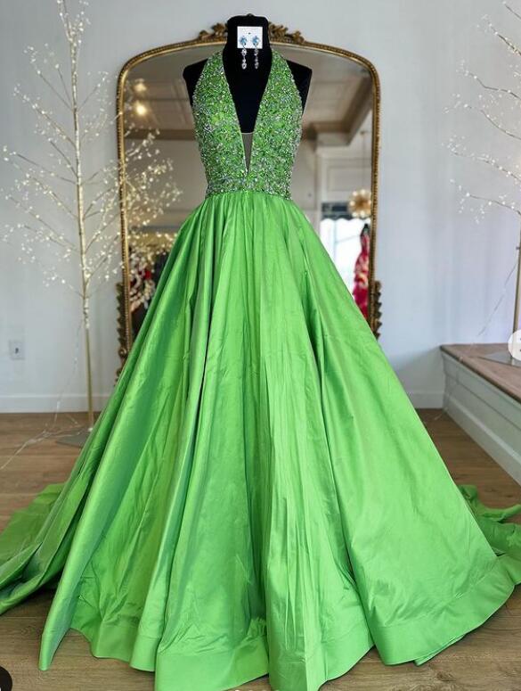 Halter Neck Long Prom Dress with Beading Top