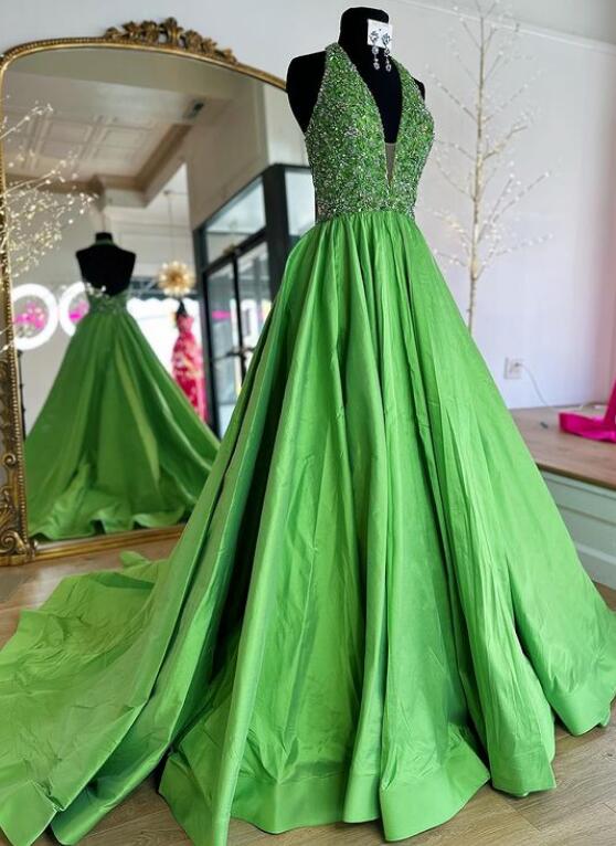 Halter Neck Long Prom Dress with Beading Top