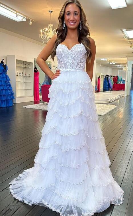 Lace Corset Beaded Long Prom Dress with Ruffle Tulle Skirt Slit.