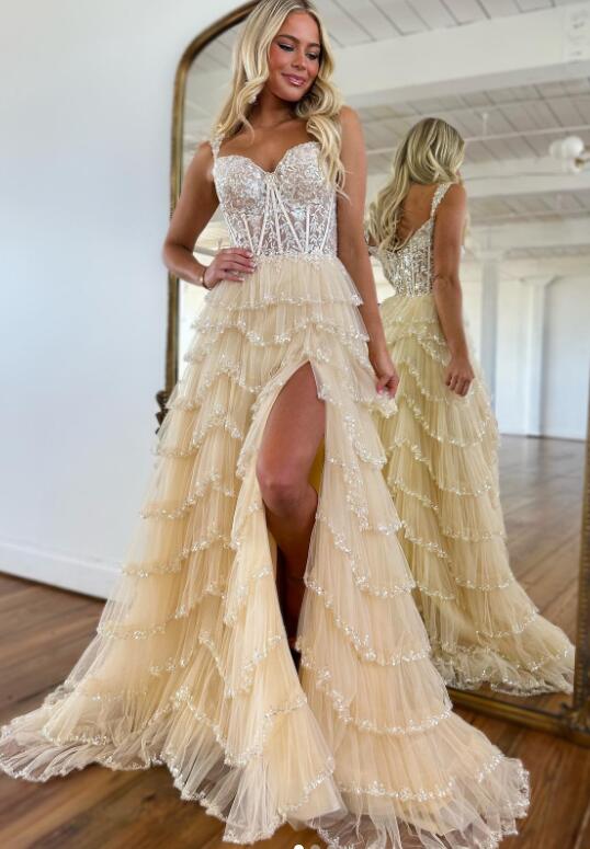 Lace Corset Beaded Long Prom Dress with Ruffle Tulle Skirt Slit DressesTailor Lace Corset Beaded Long Prom Dress with Ruffle Tulle Skirt Slit DressesTailor