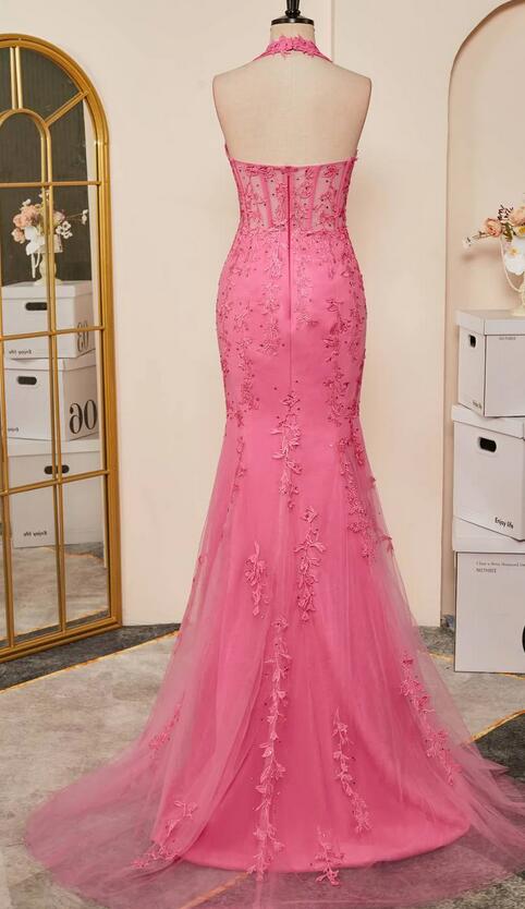 Halter Neck Leaf Lace Mermaid Long Prom Dresses