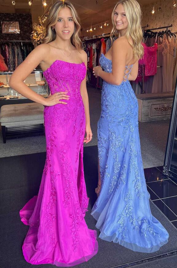 Strapless Leaf Lace Mermaid Long Prom Dresses