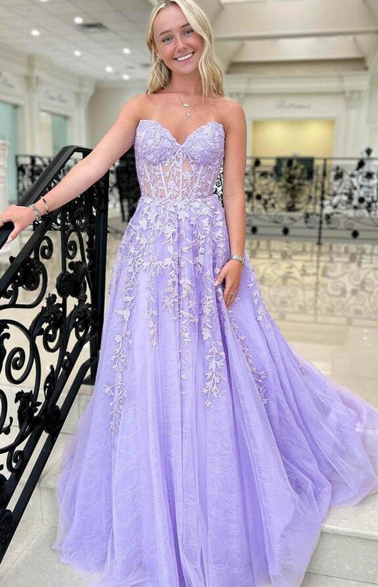 Strapless Leaf Lace Long Prom Dresses with Sheer Corset Bodice