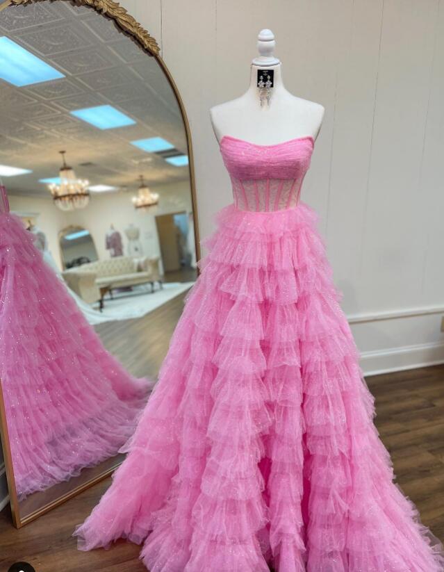 Strapless Sequin Tulle Long Prom Dress with Sheer Corset Bodice and Ruffle Skirt