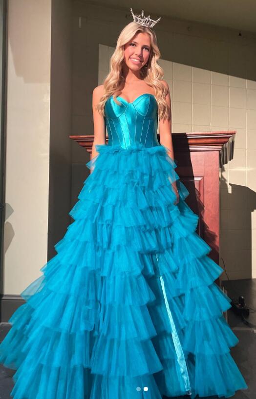 Strapless Corset Ball Gown Long Prom Dress with Tulle Ruffle Skirt Slit