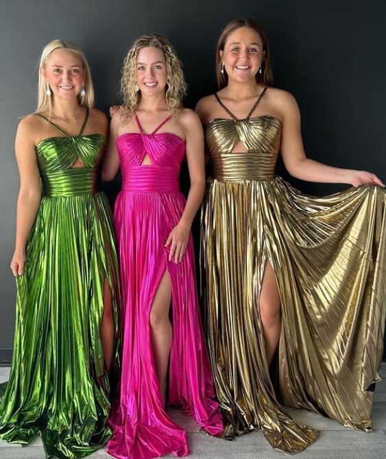 Pleated Long Prom Dresses with Key Hole Bodice and Braided Straps