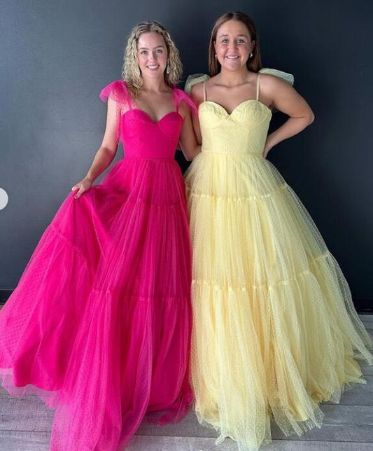 Dot Ballgown Long Prom Dresses with Bow Ties on Straps