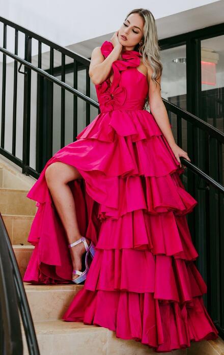 Halter Neck Ball Gown Long Prom Dresses with Ruffle Skirt