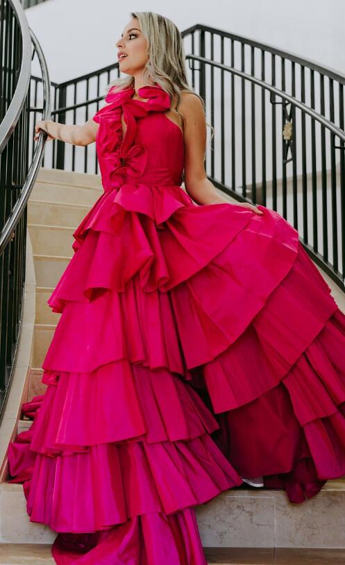 Halter Neck Ball Gown Long Prom Dresses with Ruffle Skirt