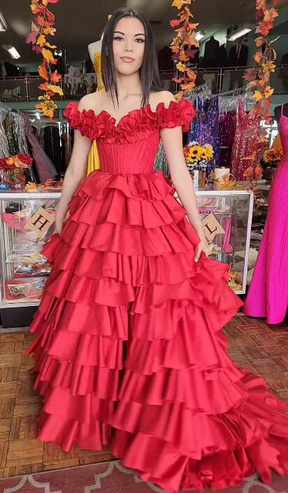 Taffeta Ruffle Off the Shoulder Ball Gown Long Prom Dress