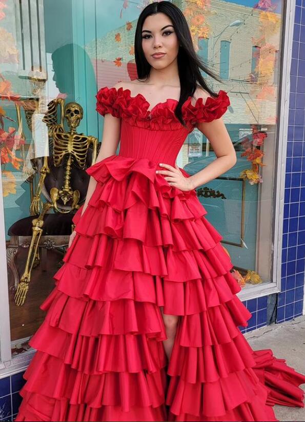 Taffeta Ruffle Off the Shoulder Long Prom Dresses