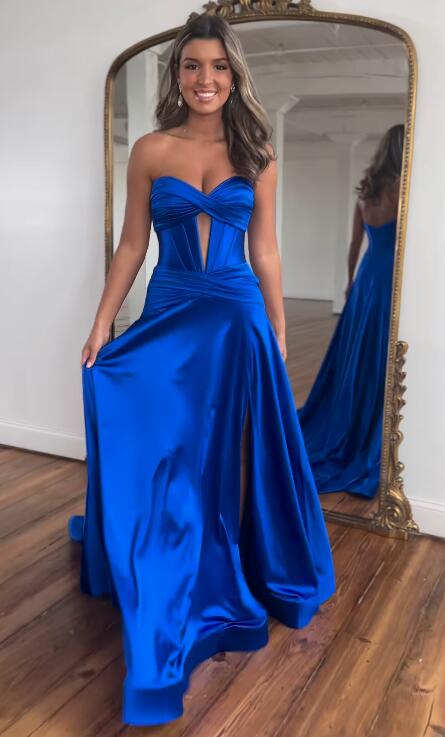 Strapless Satin Long Prom Dresses with Keyhole and Slit