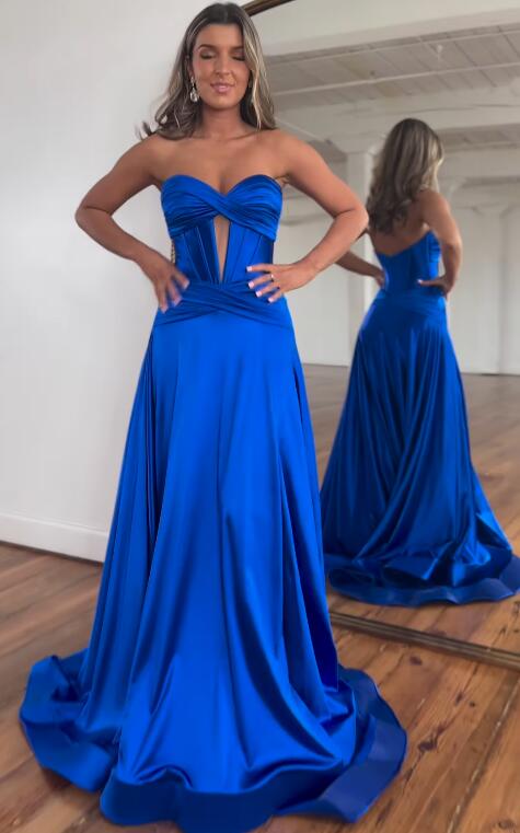 Strapless Satin Long Prom Dresses with Keyhole and Slit