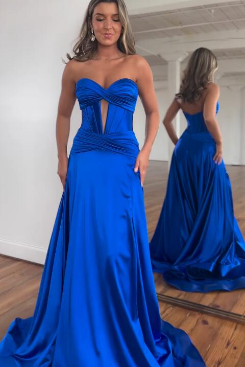 Strapless Satin Long Prom Dresses with Keyhole and Slit