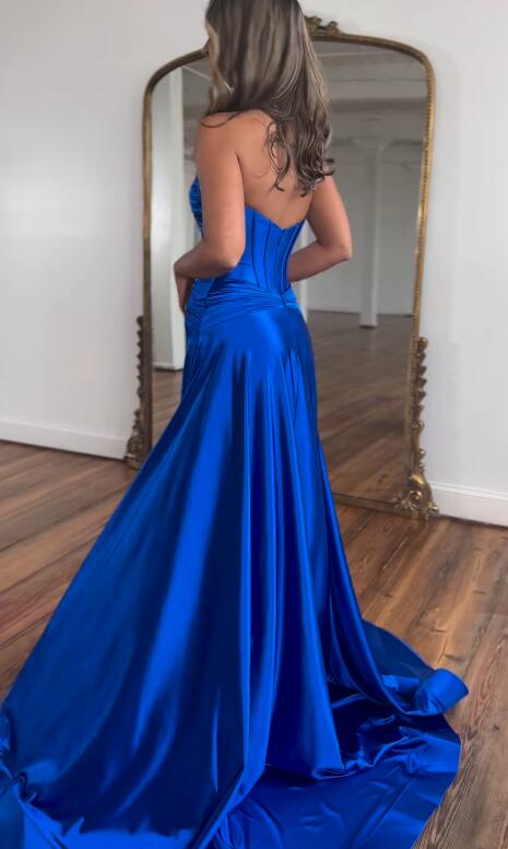 Strapless Satin Long Prom Dresses with Keyhole and Slit