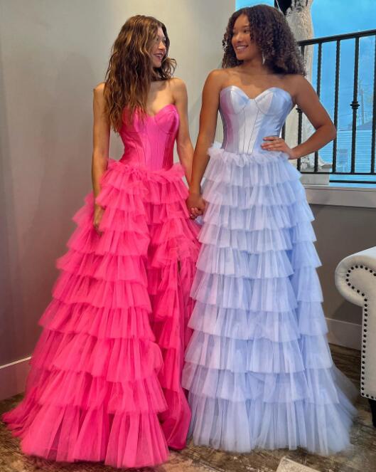 Strapless Corset Ball Gown Long Prom Dress with Tulle Ruffle Skirt Slit