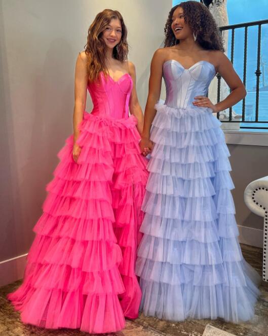 Strapless Corset Ball Gown Long Prom Dress with Tulle Ruffle Skirt Slit