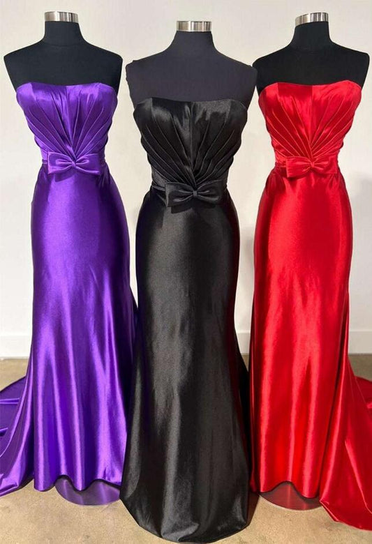 Strapless Pleated Satin Long Prom Dresses with Bow