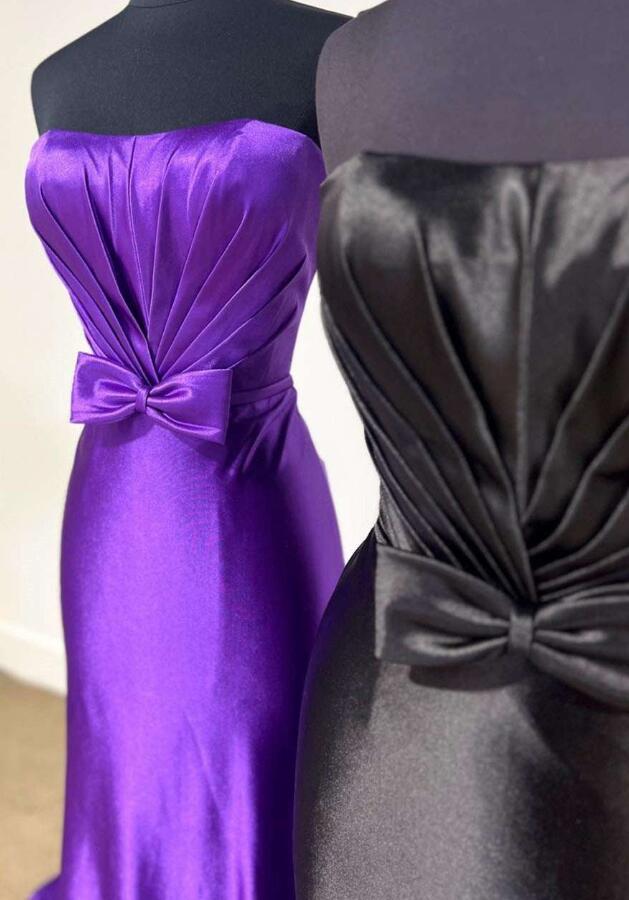 Strapless Pleated Satin Long Prom Dresses with Bow