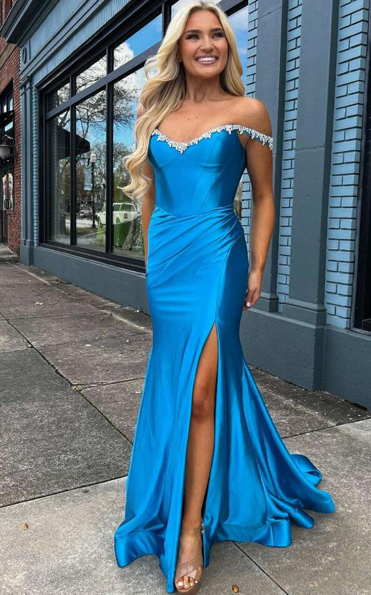 Off the Shoulder Long Prom Dresses with Beaded Neck