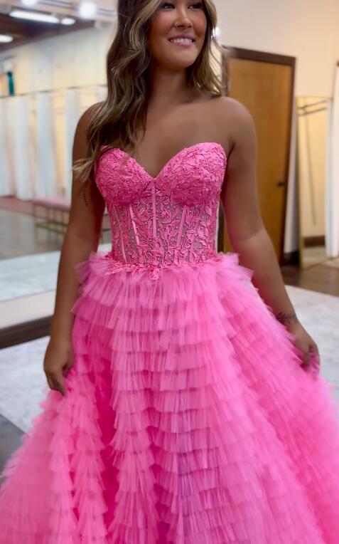 Strapless Ball Gown Prom Dress with Sheer Lace Corset Bodice and Ruffle Skirt