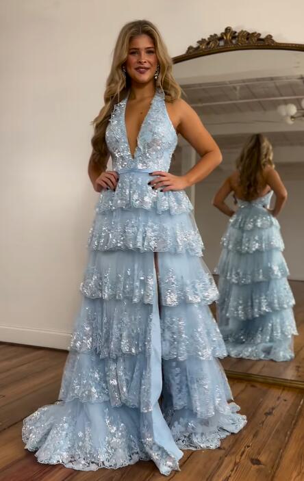 Halter Tulle Sequin Long Prom Dress with Deep V neckline and Ruffle High Slit Skirt