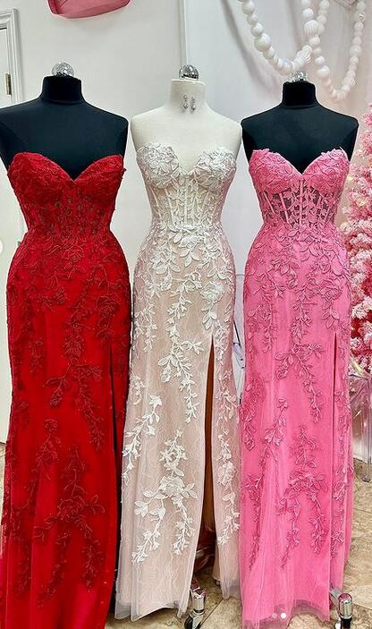 Strapless Leaf Lace Long Prom Dresses with Slit