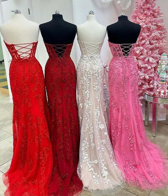 Strapless Leaf Lace Long Prom Dresses with Slit