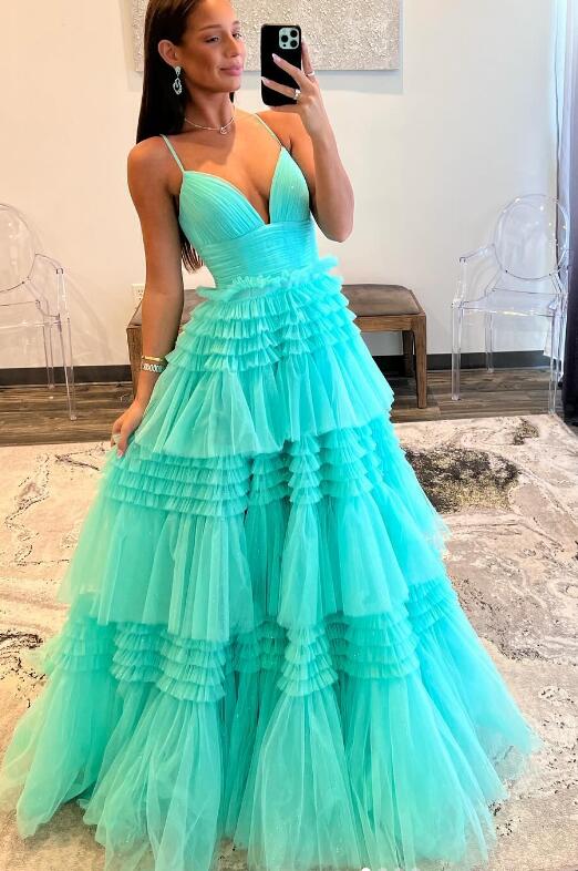 Straps Sparkly Tulle Long Prom Dress with Tiered Ruffle Skirt and Ruched Bodice