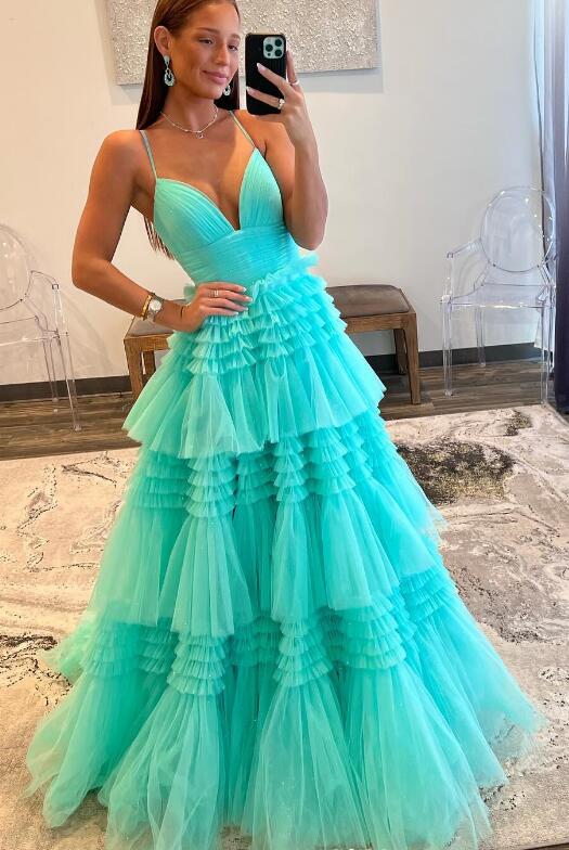 Straps Sparkly Tulle Long Prom Dress with Tiered Ruffle Skirt and Ruched Bodice