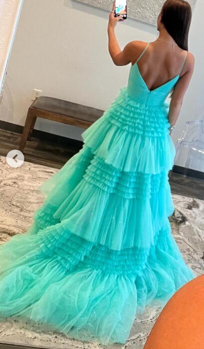 Straps Sparkly Tulle Long Prom Dress with Tiered Ruffle Skirt and Ruched Bodice