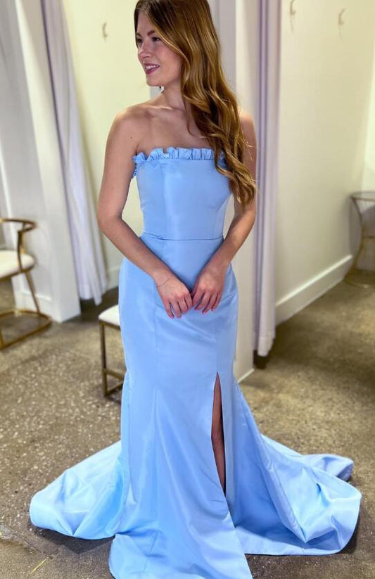 Strapless Fitted Long Prom Dress with Ruffle Trim on Neckline and Skirt Slit