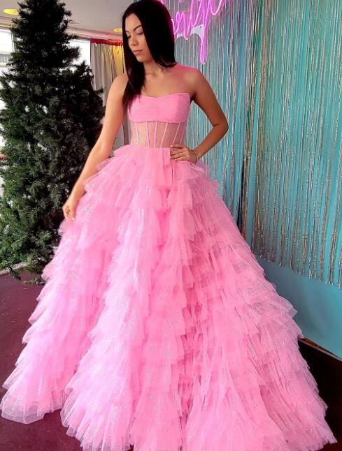 Strapless Sequin Tulle Long Prom Dress with Sheer Corset Bodice and Ruffle Skirt