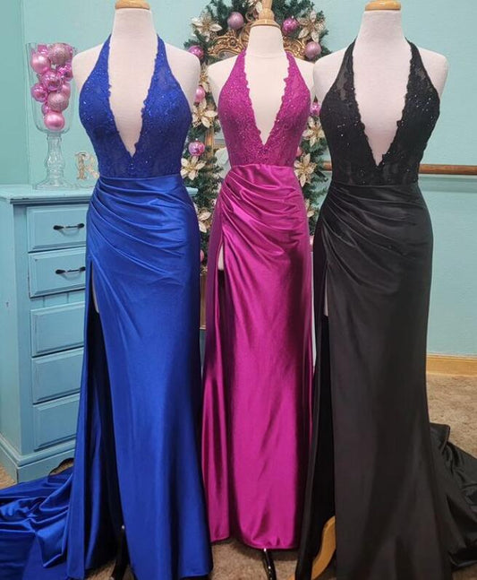 Halter Fitted Long Prom Dress with Lace Bodice and Skirt Slit