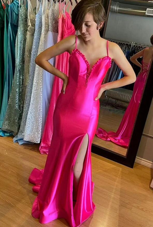 Spaghetti Straps Satin Mermaid Long Prom Dress with Slit