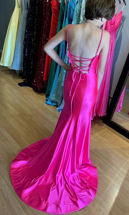 Spaghetti Straps Satin Mermaid Long Prom Dress with Slit