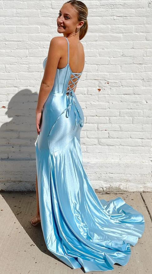 Spaghetti Straps Satin Mermaid Long Prom Dress with Slit