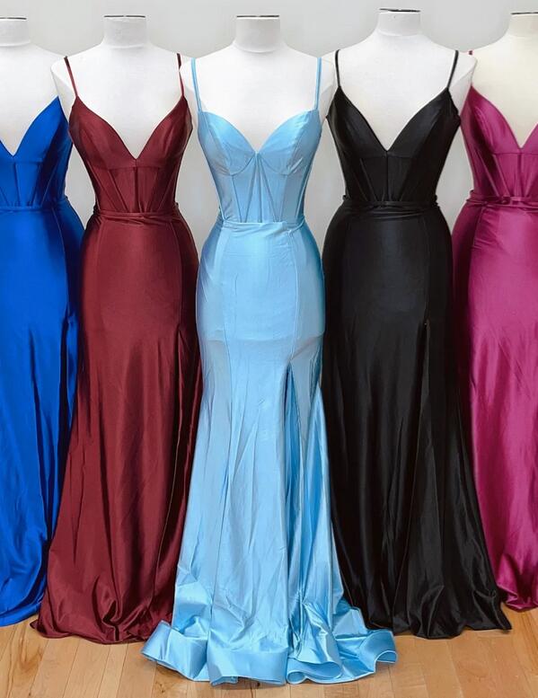 Spaghetti Straps Satin Mermaid Long Prom Dress with Slit